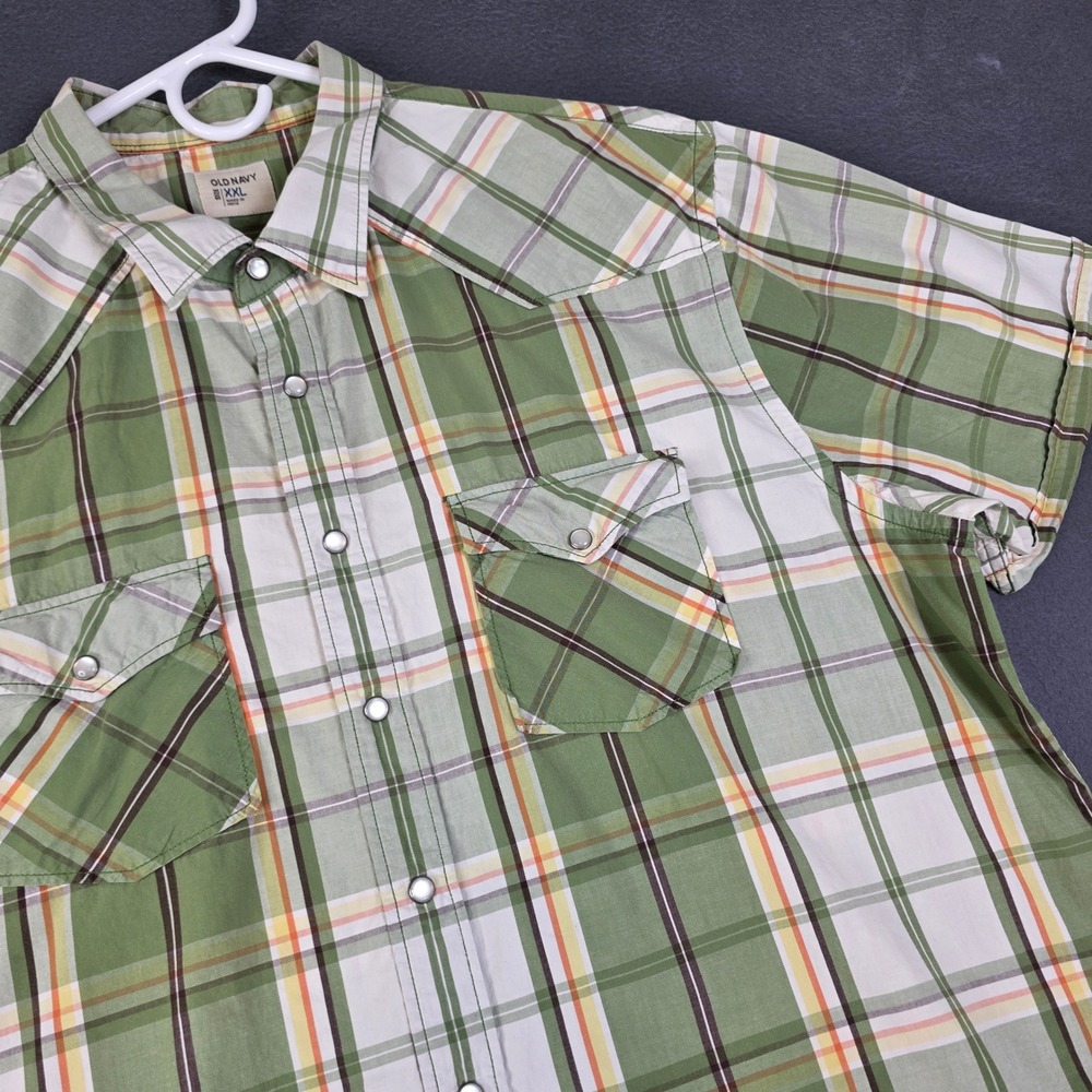 Old Navy Western Shirt Mens XXL Green Plaid Good Short Sleeve Pearl Snap Cotton